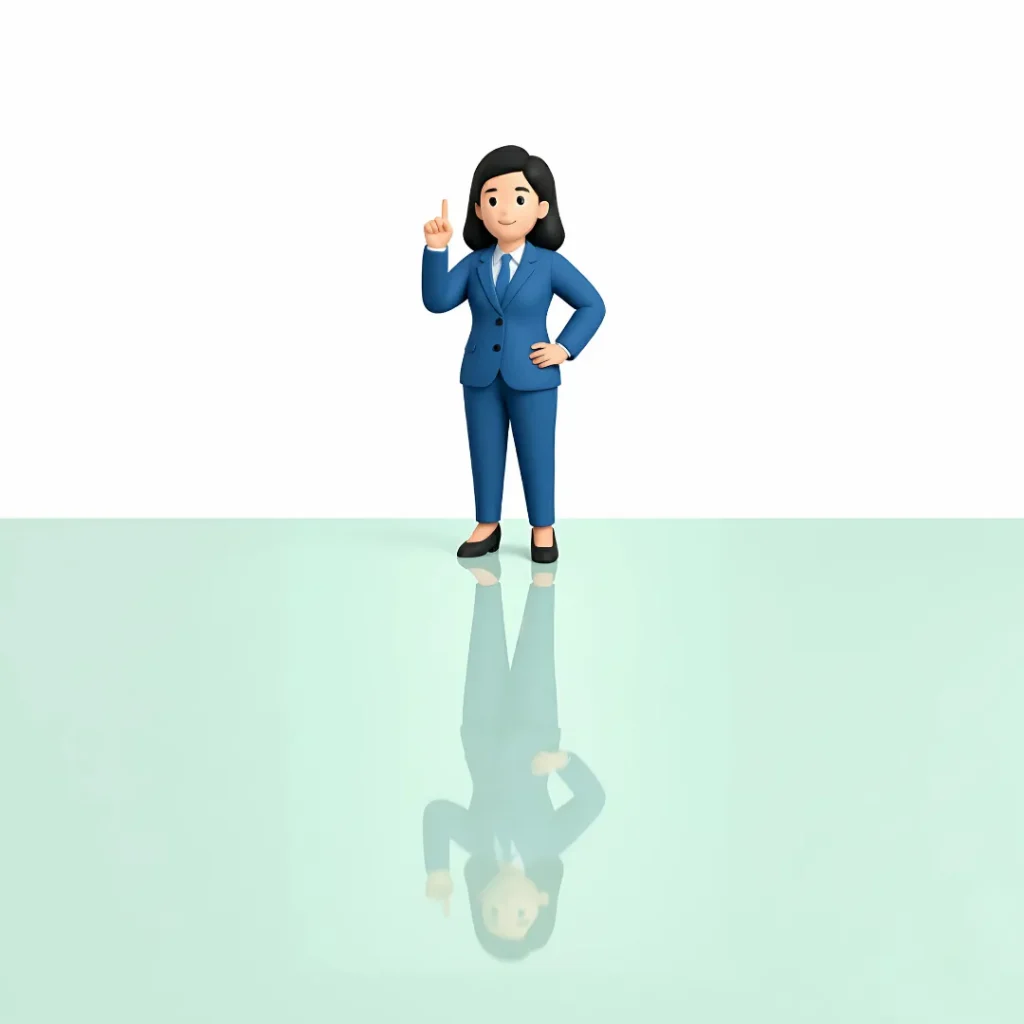 3D icon of a businesswoman in a blue suit standing on a reflective surface, pointing upward, symbolizing the interrelated, interdependent nature of online marketing aspects.