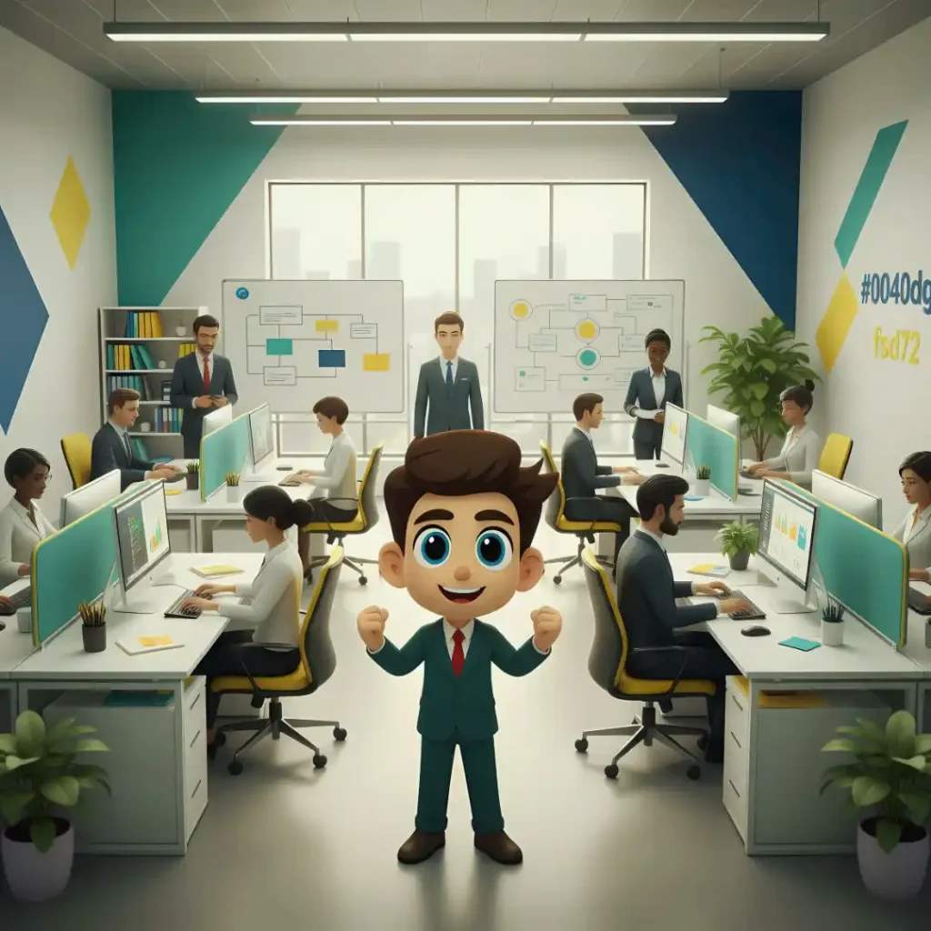 3D icon of a cheerful businessman raising his fists in an office setting with a team of colleagues working at desks, overseen by managers and whiteboards.