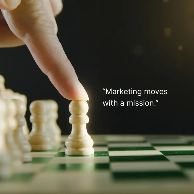 Image representing OnlineShree's vision and mission, having a close-up of a finger pushing a white chess pawn forward on a green and white chessboard, with the quote, "Marketing moves with a mission."