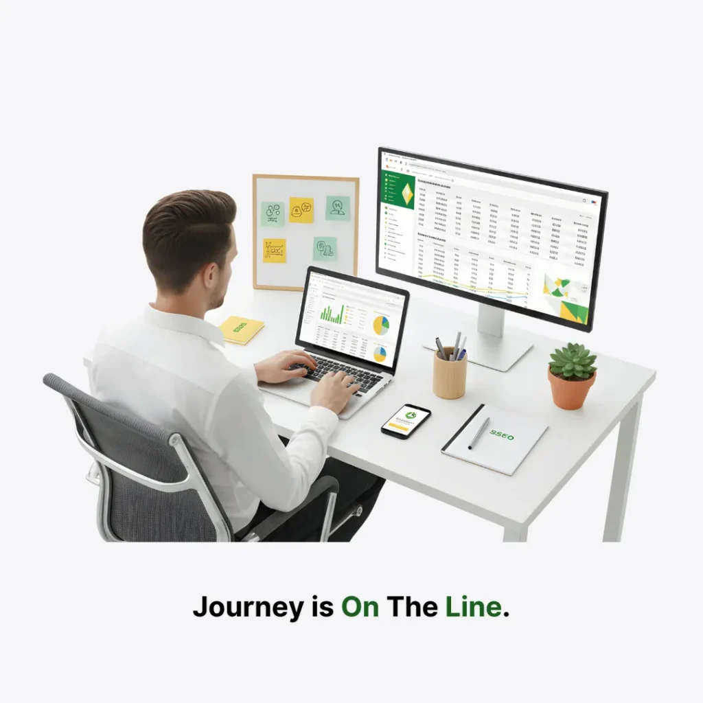 Demo image about OnlineShree online marketing executive sits at a desk working on a laptop and monitor displaying data and charts; the text below reads "Journey is On The Line."