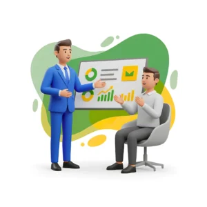 3D icon of a businessman in a blue suit presenting growth charts to a sitting client, symbolizing the OnlineShree consultation, discussion, and service review.