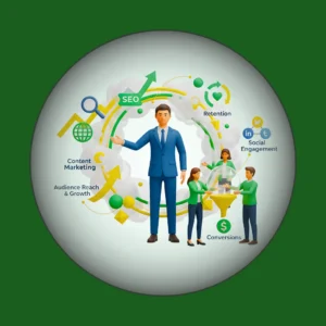 3D rendering of a marketing team surrounded by icons for SEO, Content Marketing, Social Engagement, Conversions, and Retention, illustrating OnlineShree's organic marketing services.