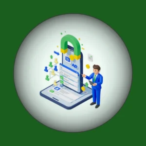 Isometric 3D icon of a businessman with a tablet, next to a smartphone showing ads and a magnet attracting leads, representing OnlineShree paid marketing and lead generation services.