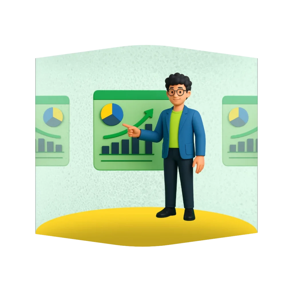 3D icon of a smiling businessman in a blue jacket pointing to a digital screen showing a growing bar graph and pie chart, symbolizing business progress with OnlineShree's online marketing system-based services.