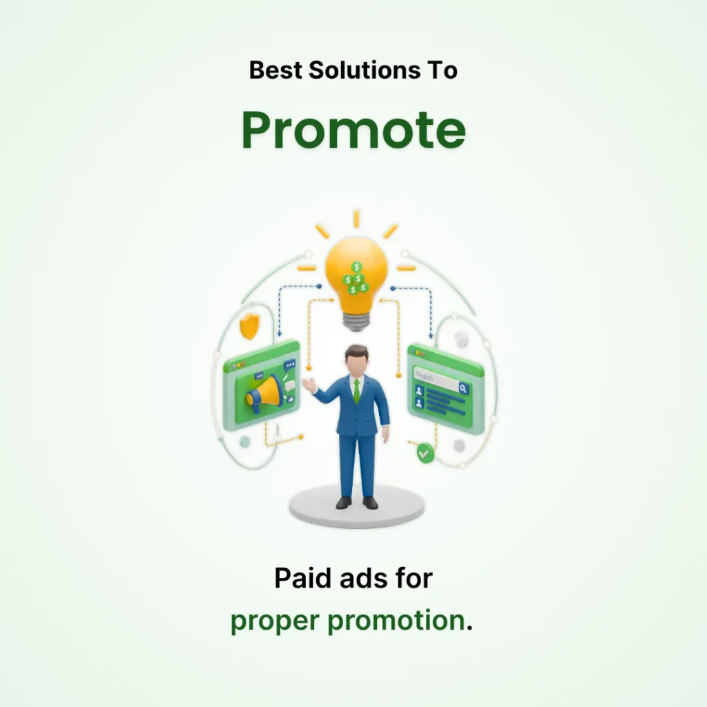 OnlineShree paid marketing services: businessman icon surrounded by online paid ads icons. Text: Best Solutions To Promote - Paid ads for proper promotion.
