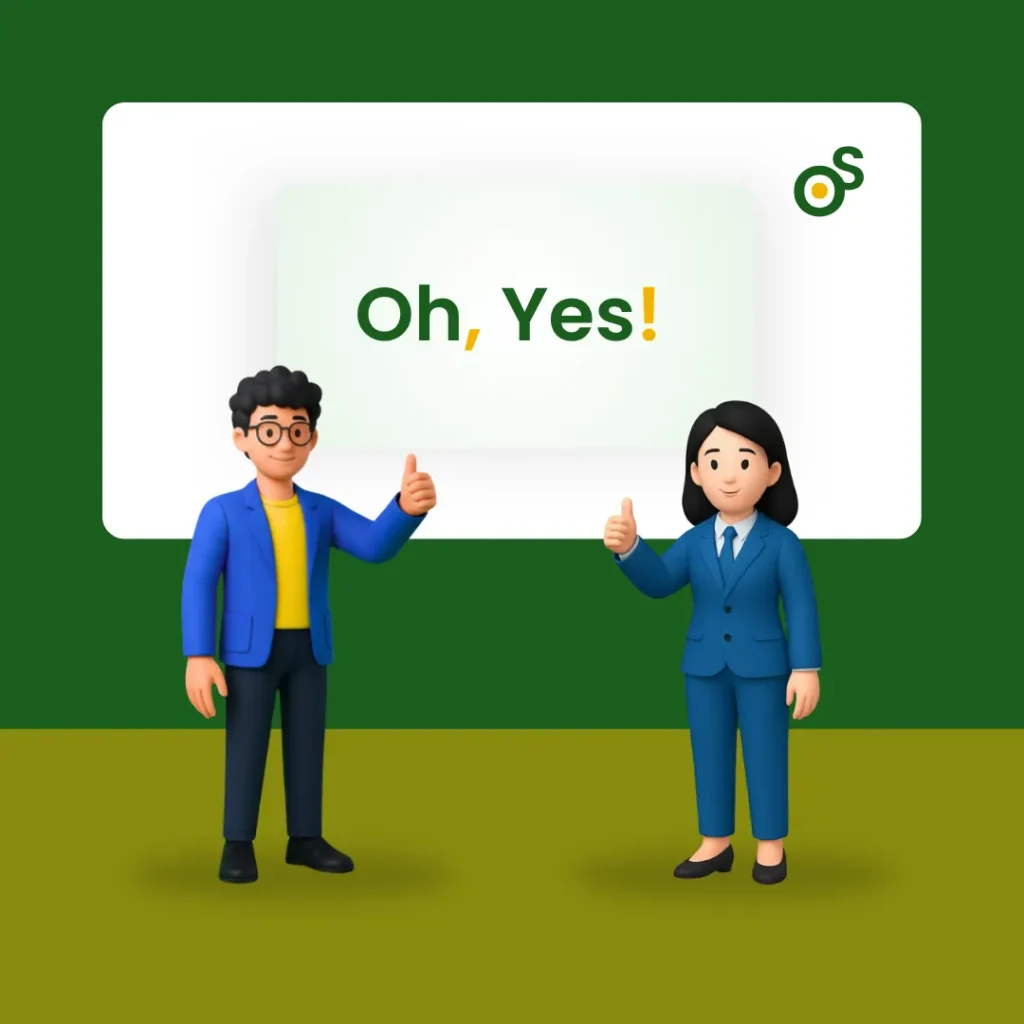 3D businessman and businesswoman standing with thumbs up. Background shows "Oh, Yes!" text and the OnlineShree logo, representing business online marketing success.