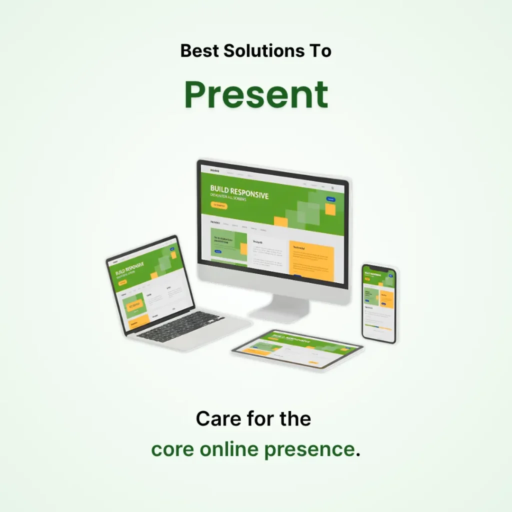 OnlineShree responsive website mockup on desktop, laptop, tablet, and mobile for the website creation system. Text: Best Solutions To Present Care for the core online presence.