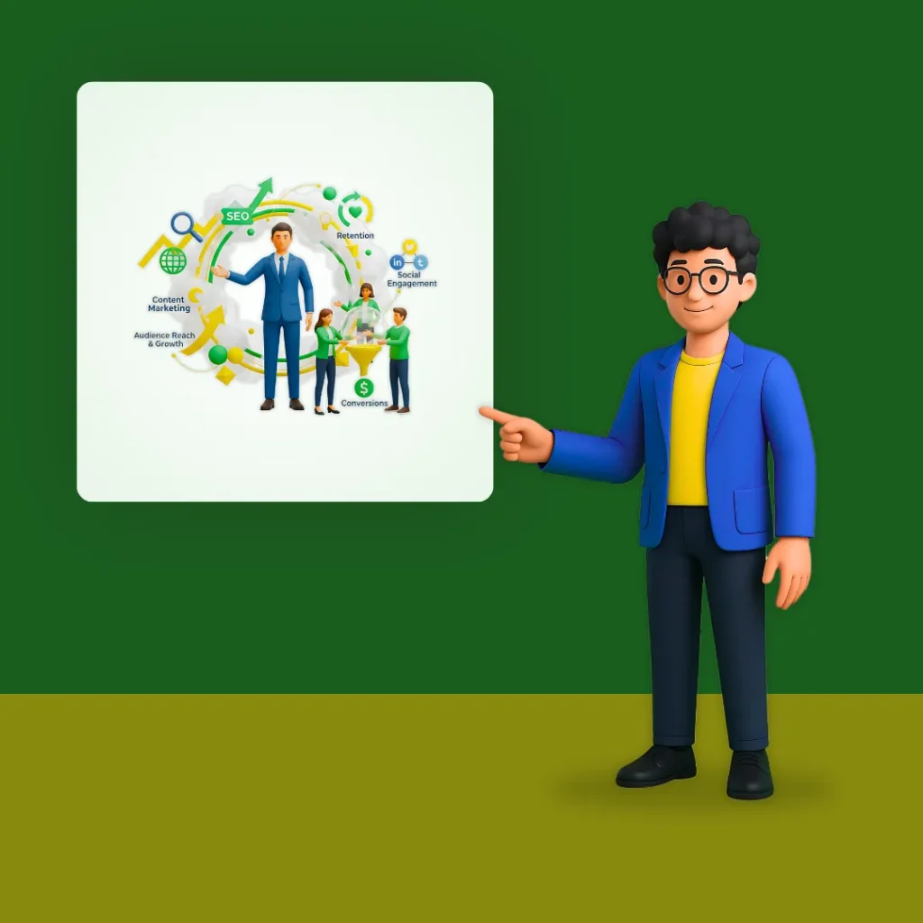OnlineShree organic marketing services presentation featuring a businessman icon pointing to a team infographic with icons for SEO, social media, a search funnel, and customer conversions.