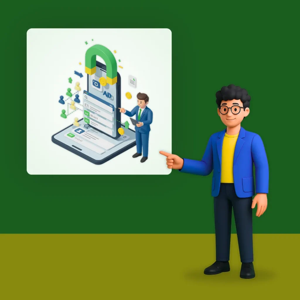 OnlineShree paid marketing services presentation featuring a businessman icon pointing to a mobile screen layout with a lead magnet and online ads icon attracting prospective customers.