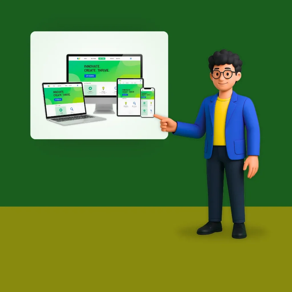 OnlineShree website creation and management system presentation showing a businessman icon pointing to a responsive website mockup with good UI/UX across desktop, laptop, tablet, and mobile.